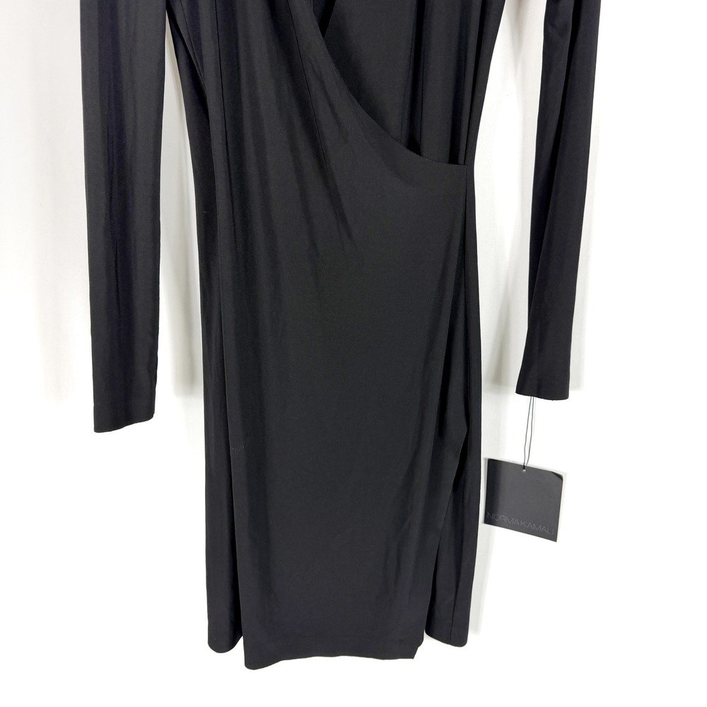 Norma Kamali Side Drape Modern Dress Black Jersey Long Sleeve V-Neck Knee Sz XS - Picture 6 of 10
